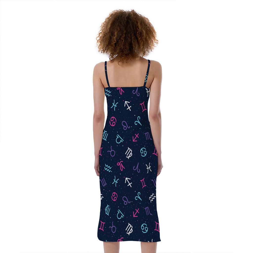 Colorful Zodiac Symbols Pattern Print Slim Fit Midi Cami Dress