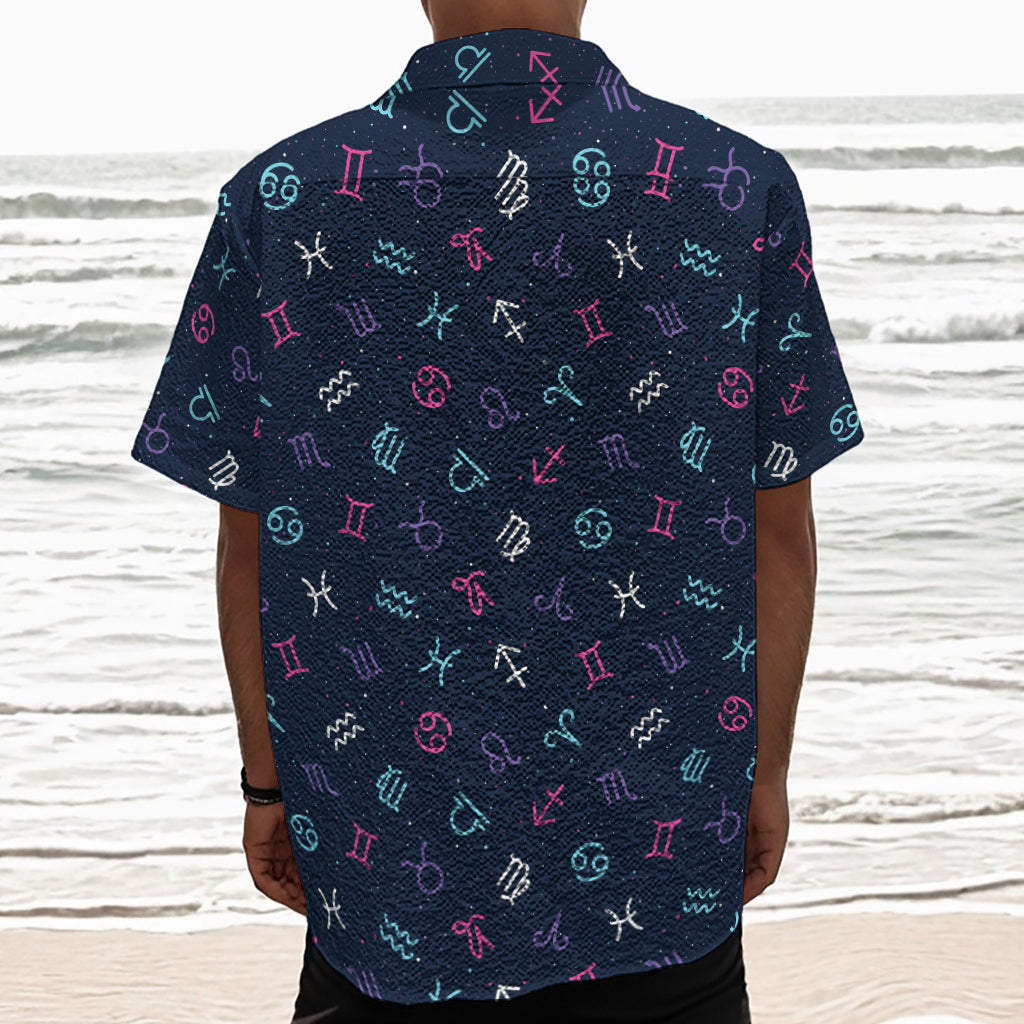Colorful Zodiac Symbols Pattern Print Textured Short Sleeve Shirt