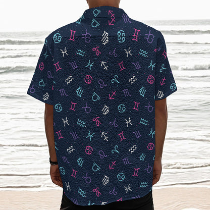 Colorful Zodiac Symbols Pattern Print Textured Short Sleeve Shirt