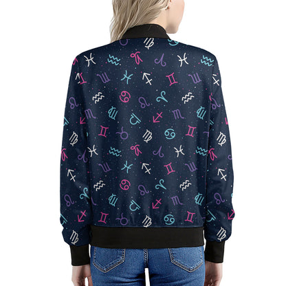 Colorful Zodiac Symbols Pattern Print Women's Bomber Jacket
