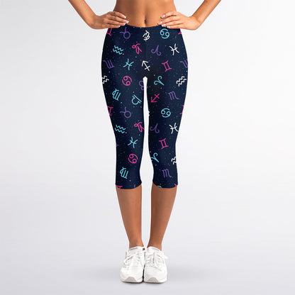 Colorful Zodiac Symbols Pattern Print Women's Capri Leggings