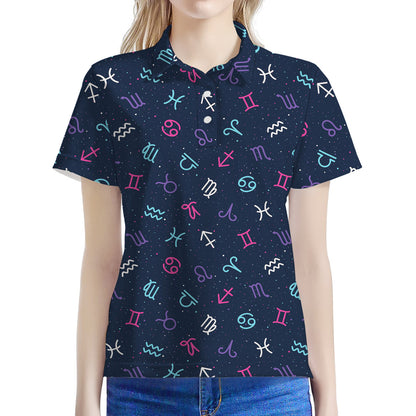 Colorful Zodiac Symbols Pattern Print Women's Polo Shirt