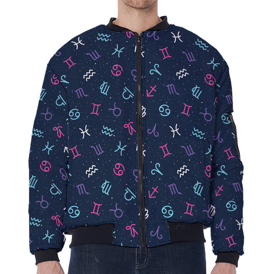 Colorful Zodiac Symbols Pattern Print Zip Sleeve Bomber Jacket