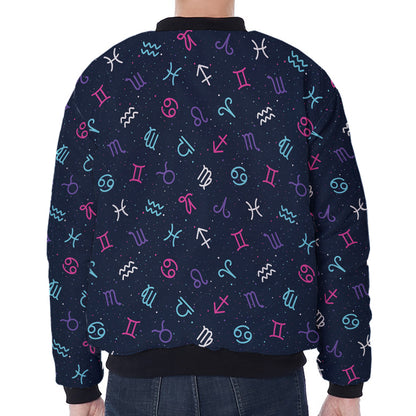 Colorful Zodiac Symbols Pattern Print Zip Sleeve Bomber Jacket
