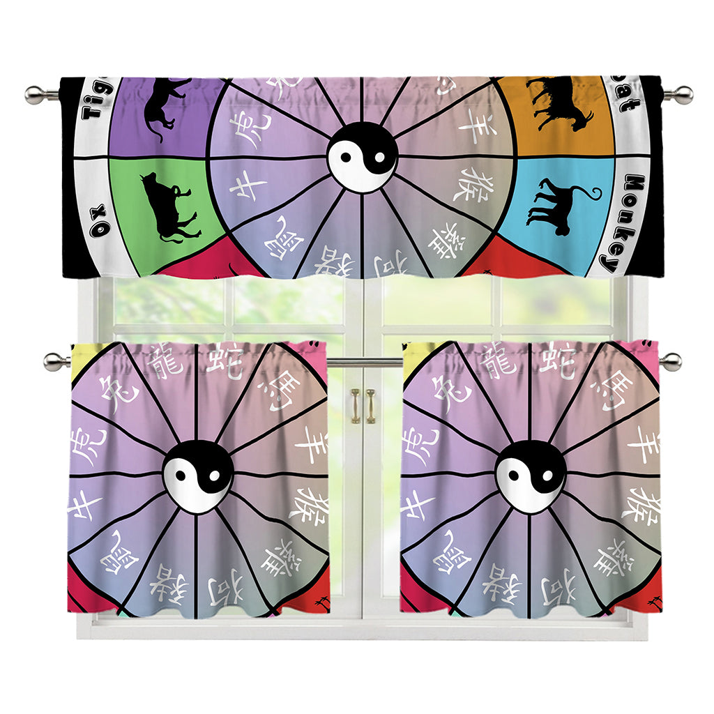 Colourful Chinese Zodiac Wheel Print 3 Piece Kitchen Curtains