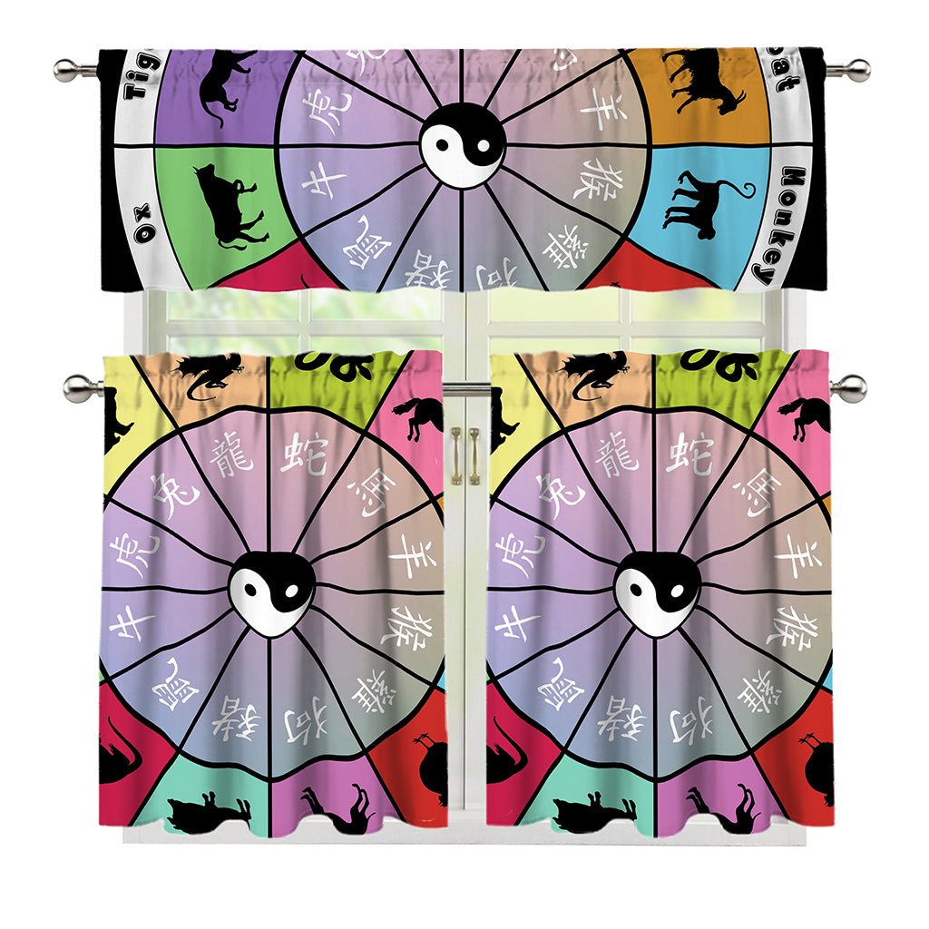 Colourful Chinese Zodiac Wheel Print 3 Piece Kitchen Curtains