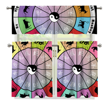 Colourful Chinese Zodiac Wheel Print 3 Piece Kitchen Curtains