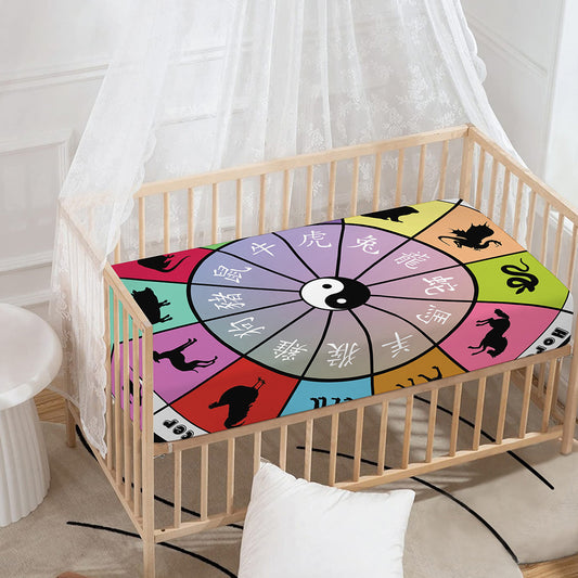 Colourful Chinese Zodiac Wheel Print Baby Crib Sheet