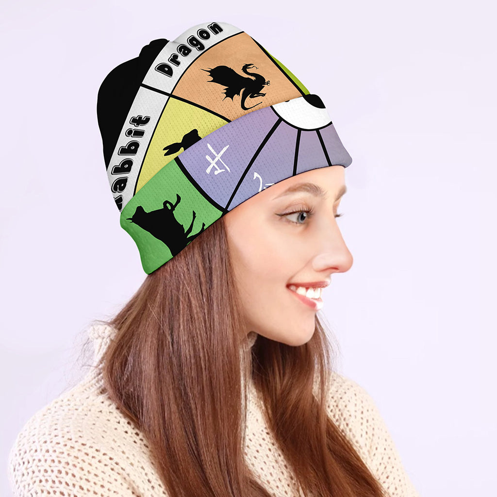 Colourful Chinese Zodiac Wheel Print Beanie