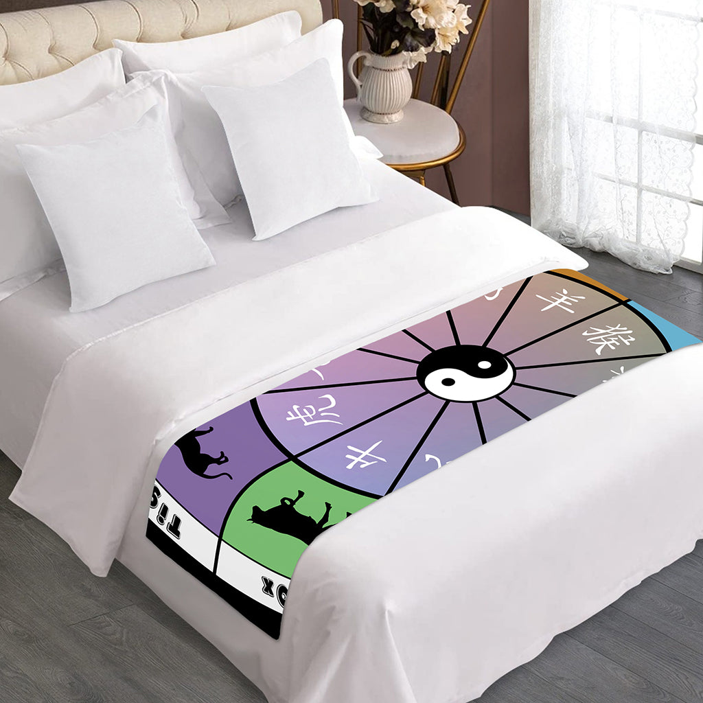 Colourful Chinese Zodiac Wheel Print Bed Runner