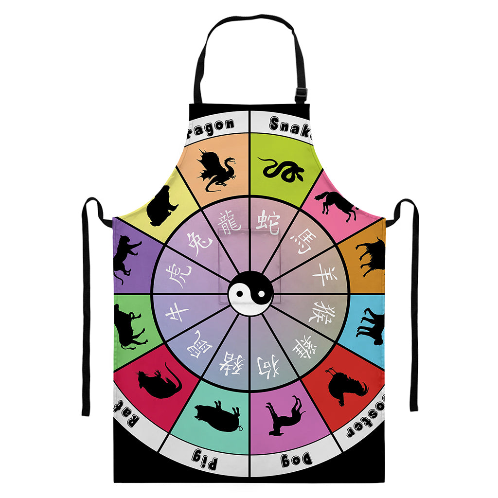 Colourful Chinese Zodiac Wheel Print Bib Apron With Pocket