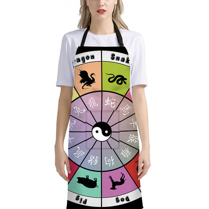 Colourful Chinese Zodiac Wheel Print Bib Apron With Pocket