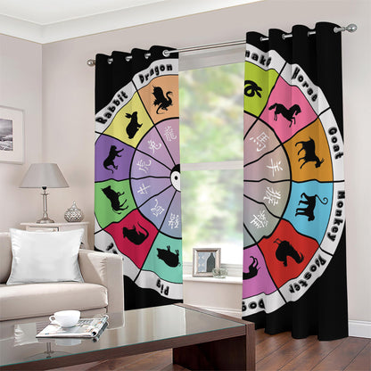Colourful Chinese Zodiac Wheel Print Blackout Grommet Curtains