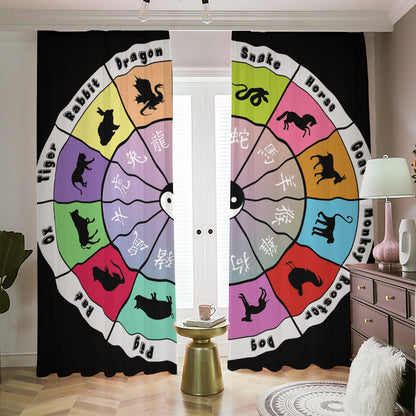 Colourful Chinese Zodiac Wheel Print Blackout Pencil Pleat Curtains