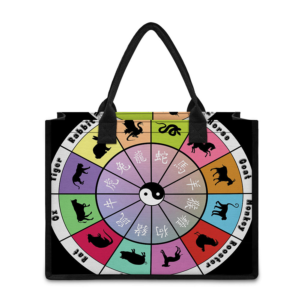 Colourful Chinese Zodiac Wheel Print Canvas Tote Bag