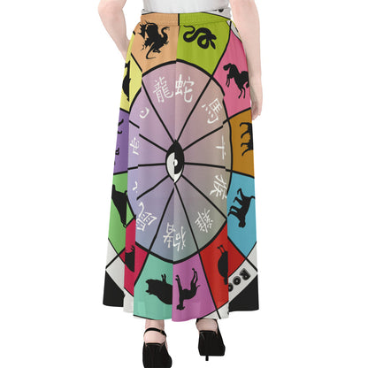 Colourful Chinese Zodiac Wheel Print Chiffon Maxi Skirt