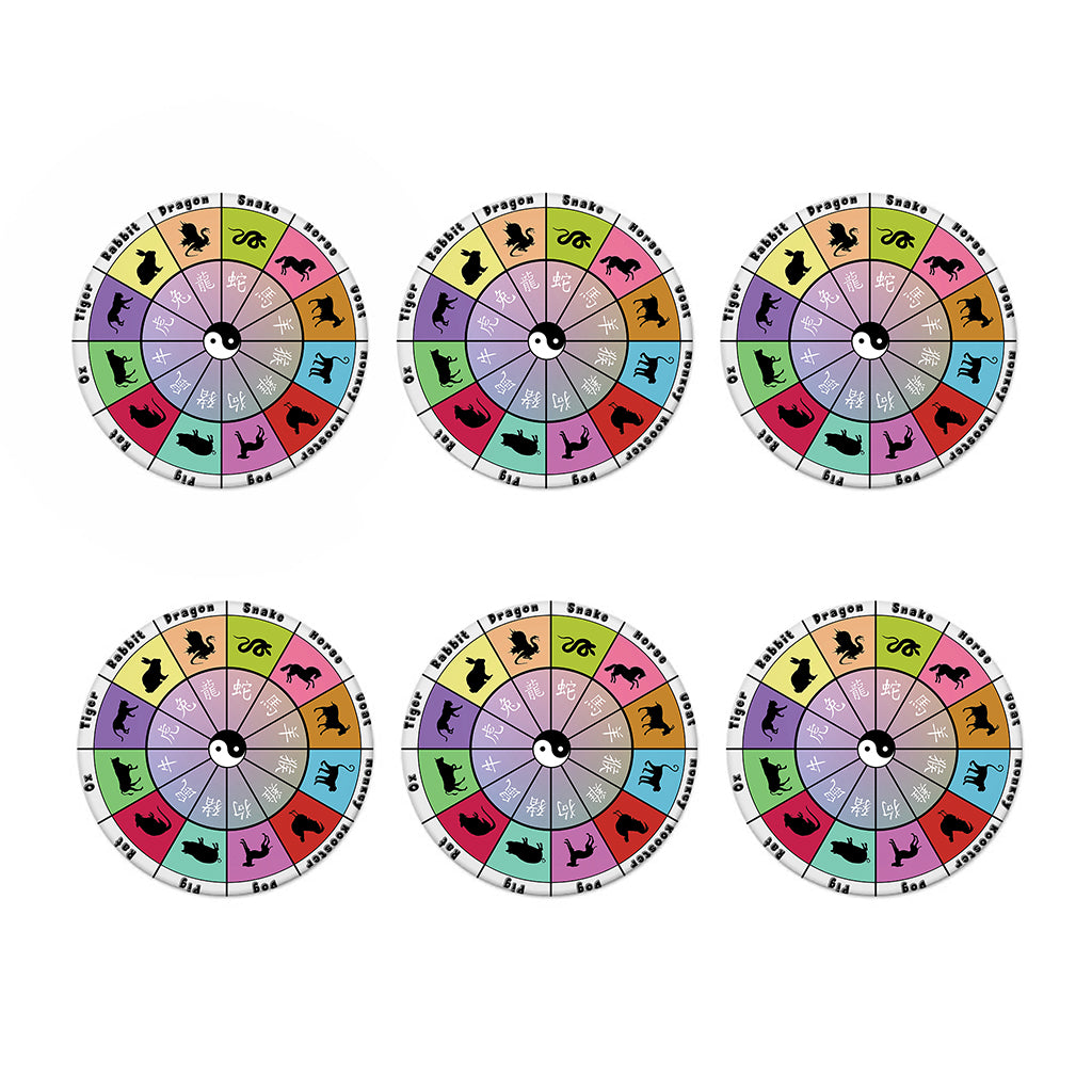 Colourful Chinese Zodiac Wheel Print Coaster Set