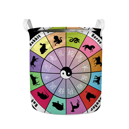 Colourful Chinese Zodiac Wheel Print Collapsible Laundry Basket