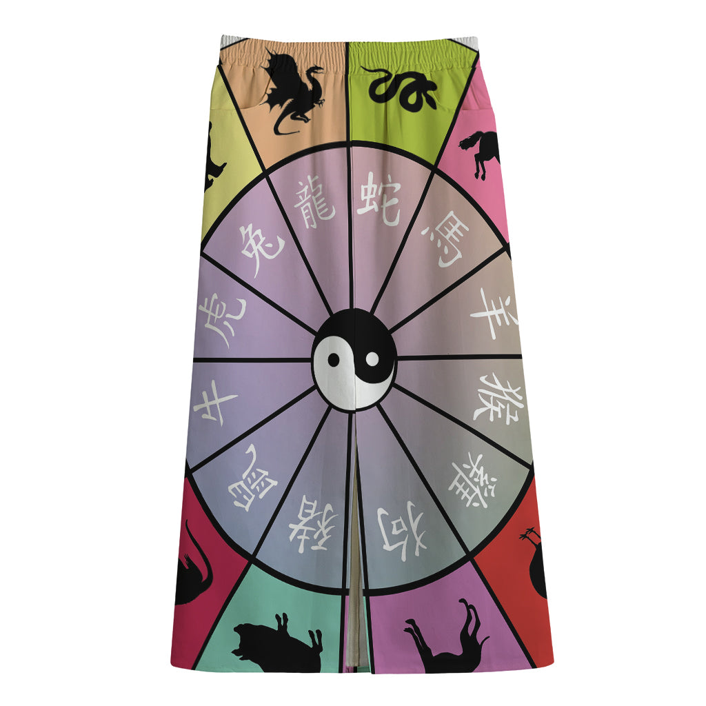 Colourful Chinese Zodiac Wheel Print Cotton Front Slit Maxi Skirt