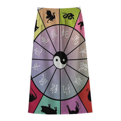 Colourful Chinese Zodiac Wheel Print Cotton Front Slit Maxi Skirt