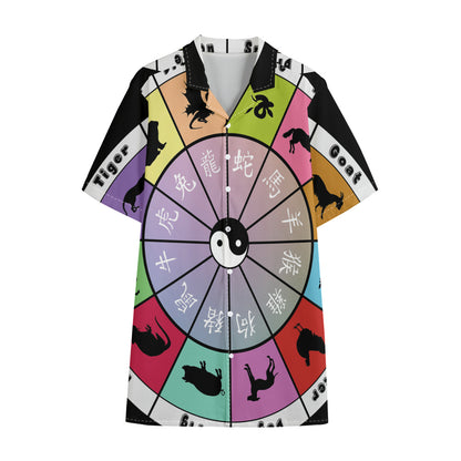 Colourful Chinese Zodiac Wheel Print Cotton Hawaiian Shirt