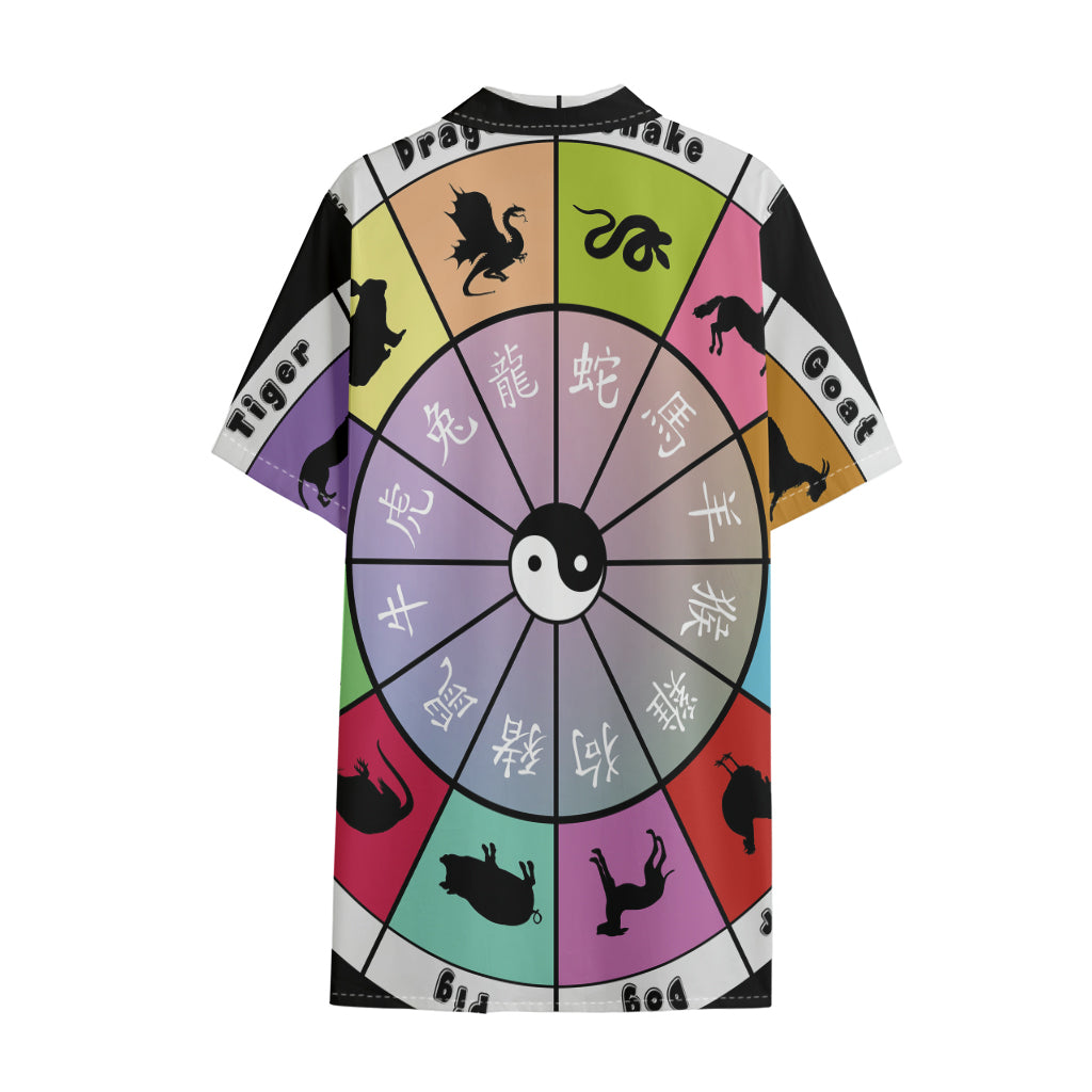 Colourful Chinese Zodiac Wheel Print Cotton Hawaiian Shirt
