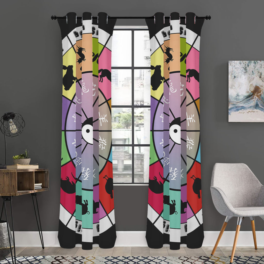 Colourful Chinese Zodiac Wheel Print Curtain