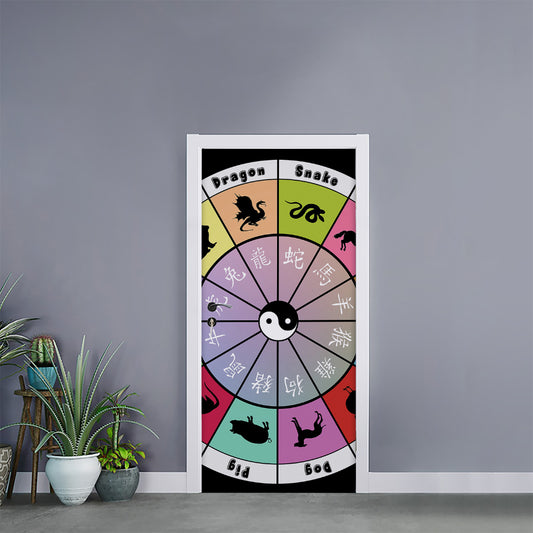 Colourful Chinese Zodiac Wheel Print Door Sticker