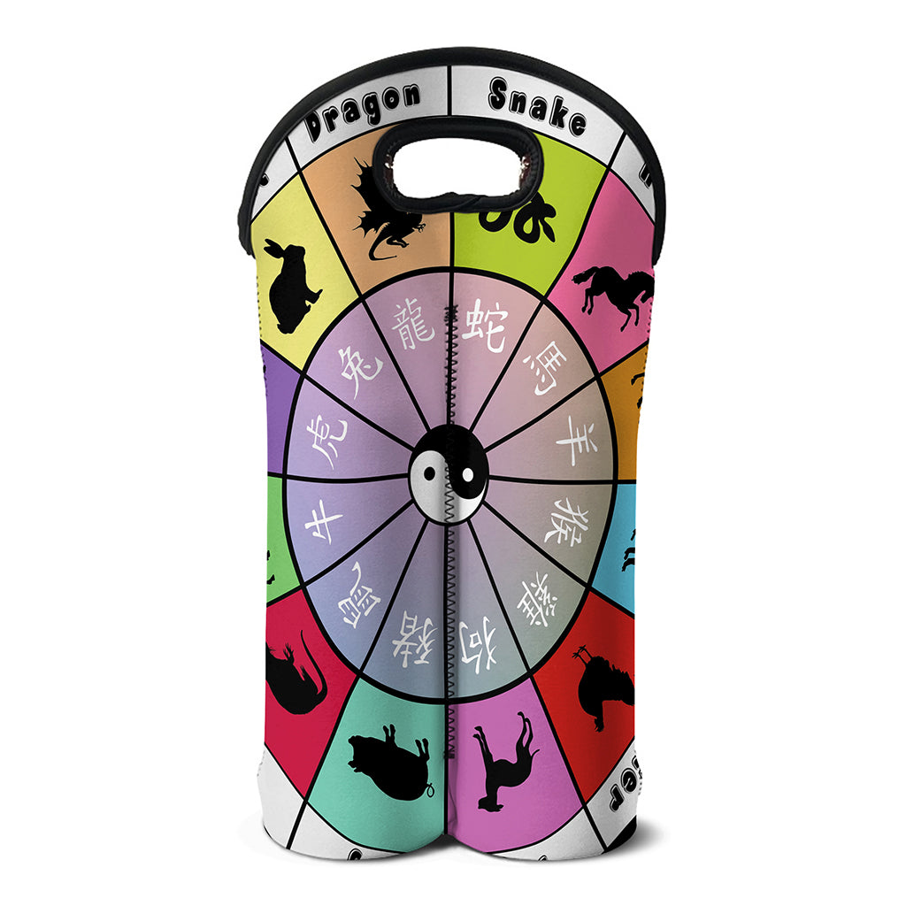 Colourful Chinese Zodiac Wheel Print Double Neoprene Wine Tote