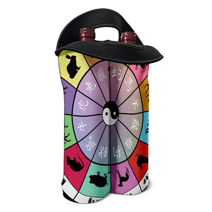 Colourful Chinese Zodiac Wheel Print Double Neoprene Wine Tote
