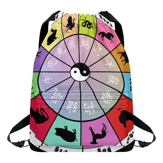 Colourful Chinese Zodiac Wheel Print Drawstring Backpack