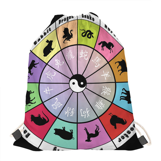 Colourful Chinese Zodiac Wheel Print Drawstring Bag
