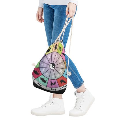 Colourful Chinese Zodiac Wheel Print Drawstring Bag