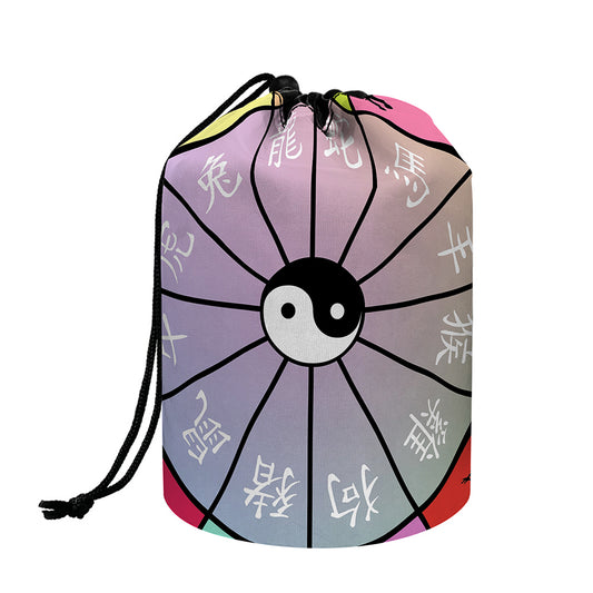 Colourful Chinese Zodiac Wheel Print Drawstring Makeup Bag