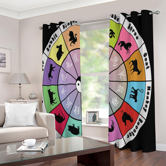 Colourful Chinese Zodiac Wheel Print Extra Wide Grommet Curtains