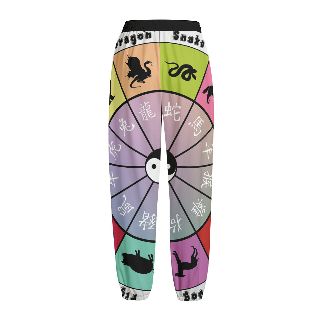 Colourful Chinese Zodiac Wheel Print Fleece Lined Knit Pants