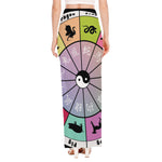 Colourful Chinese Zodiac Wheel Print High Slit Maxi Skirt