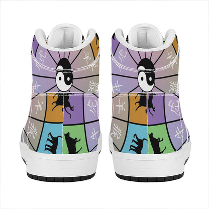 Colourful Chinese Zodiac Wheel Print High Top Leather Sneakers