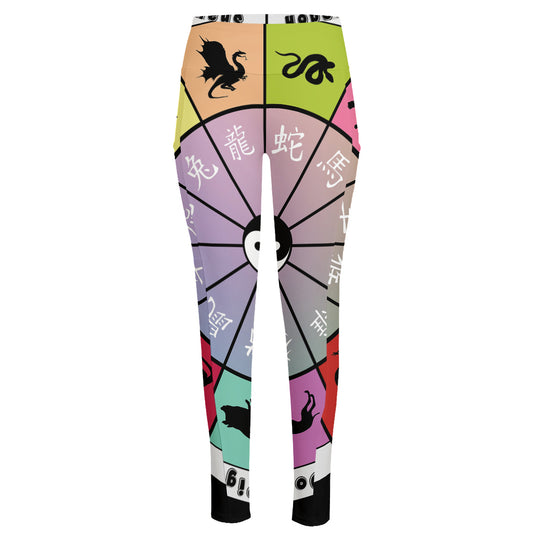Colourful Chinese Zodiac Wheel Print High-Waisted Pocket Leggings