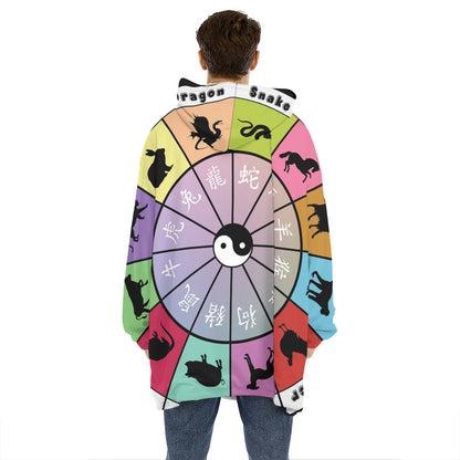 Colourful Chinese Zodiac Wheel Print Hoodie Blanket
