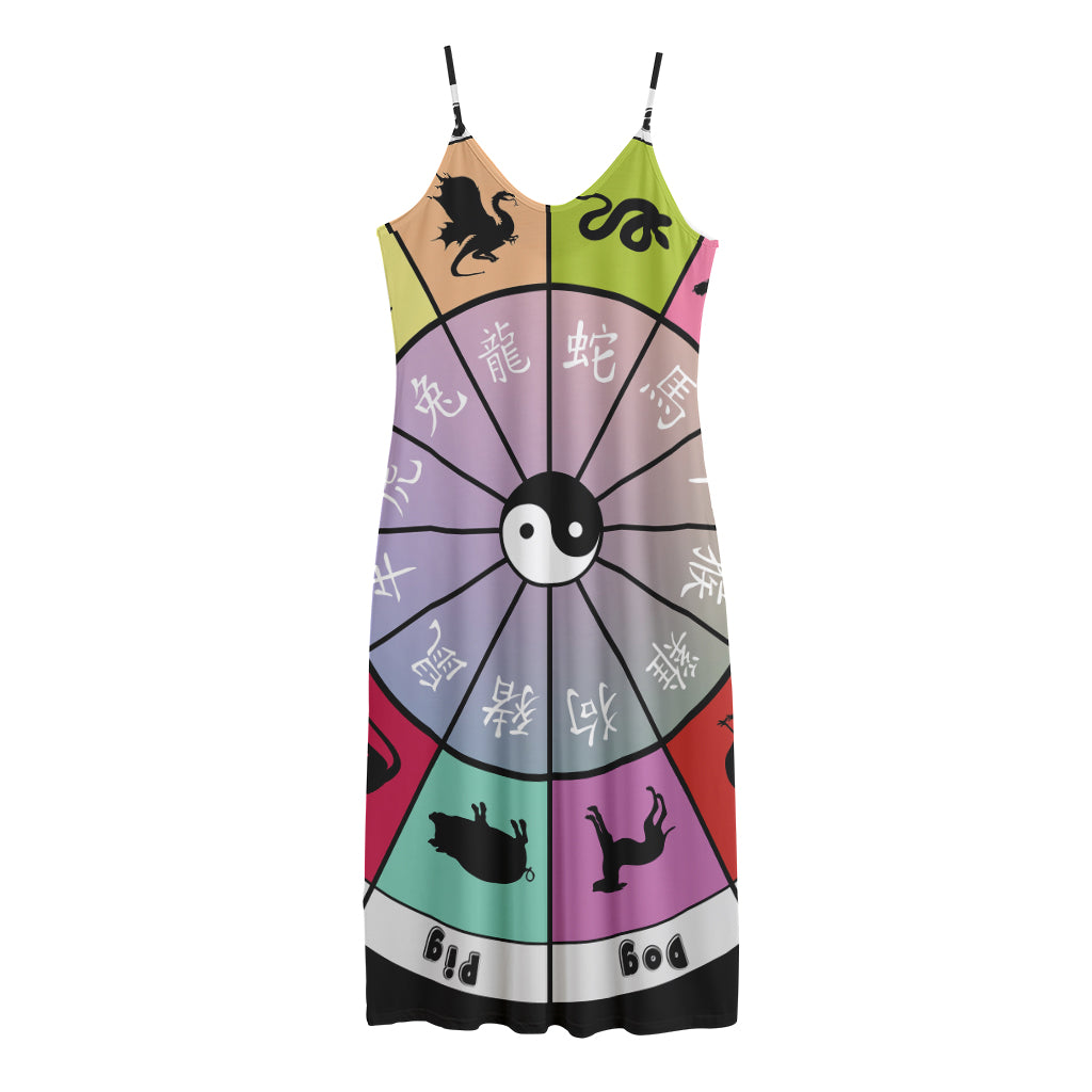Colourful Chinese Zodiac Wheel Print Jersey Midi Cami Dress