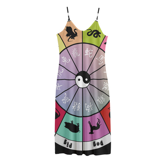 Colourful Chinese Zodiac Wheel Print Jersey Midi Cami Dress