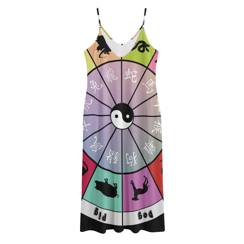 Colourful Chinese Zodiac Wheel Print Jersey Midi Cami Dress