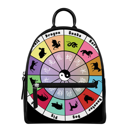 Colourful Chinese Zodiac Wheel Print Leather Backpack