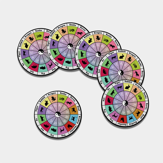 Colourful Chinese Zodiac Wheel Print Leather Coaster Set