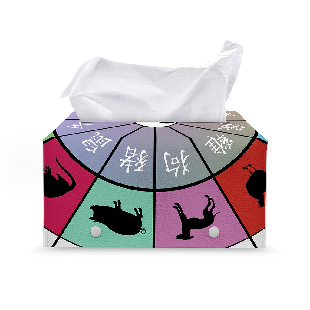 Colourful Chinese Zodiac Wheel Print Leather Tissue Box Cover