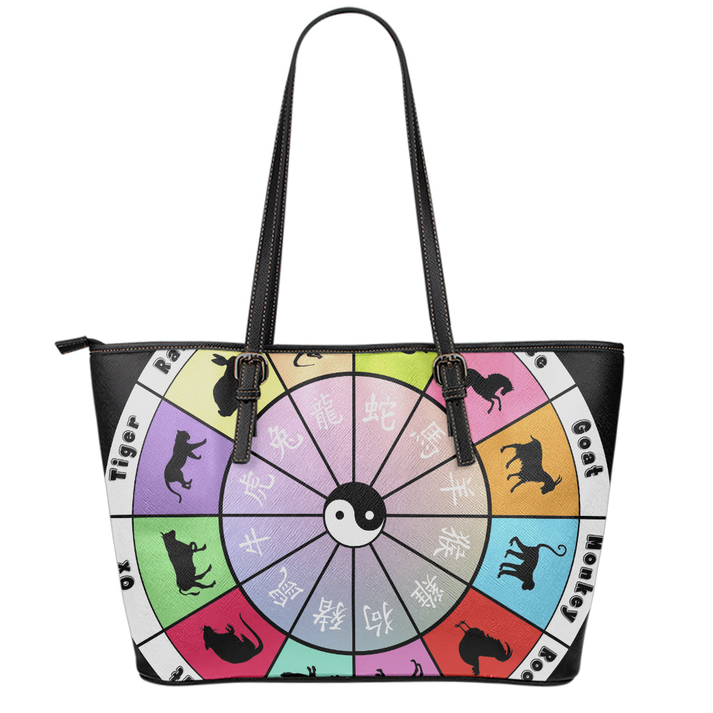 Colourful Chinese Zodiac Wheel Print Leather Tote Bag