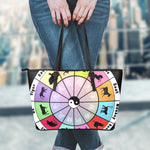 Colourful Chinese Zodiac Wheel Print Leather Tote Bag