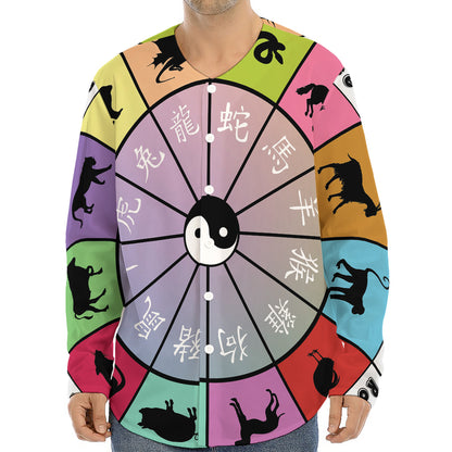 Colourful Chinese Zodiac Wheel Print Long Sleeve Baseball Jersey