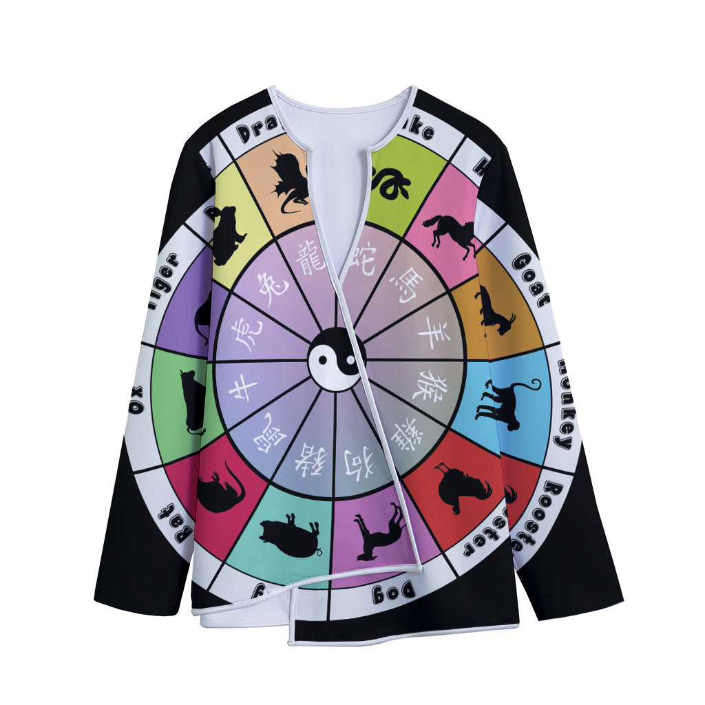 Colourful Chinese Zodiac Wheel Print Long Sleeve Short Coat